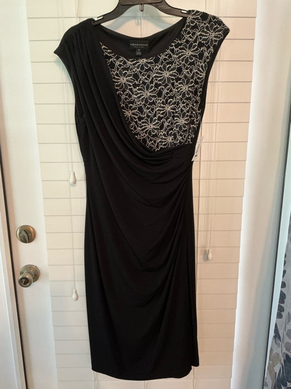 NWT Connected Apparel Black One-Shoulder Dress with Gold Lace Overlay